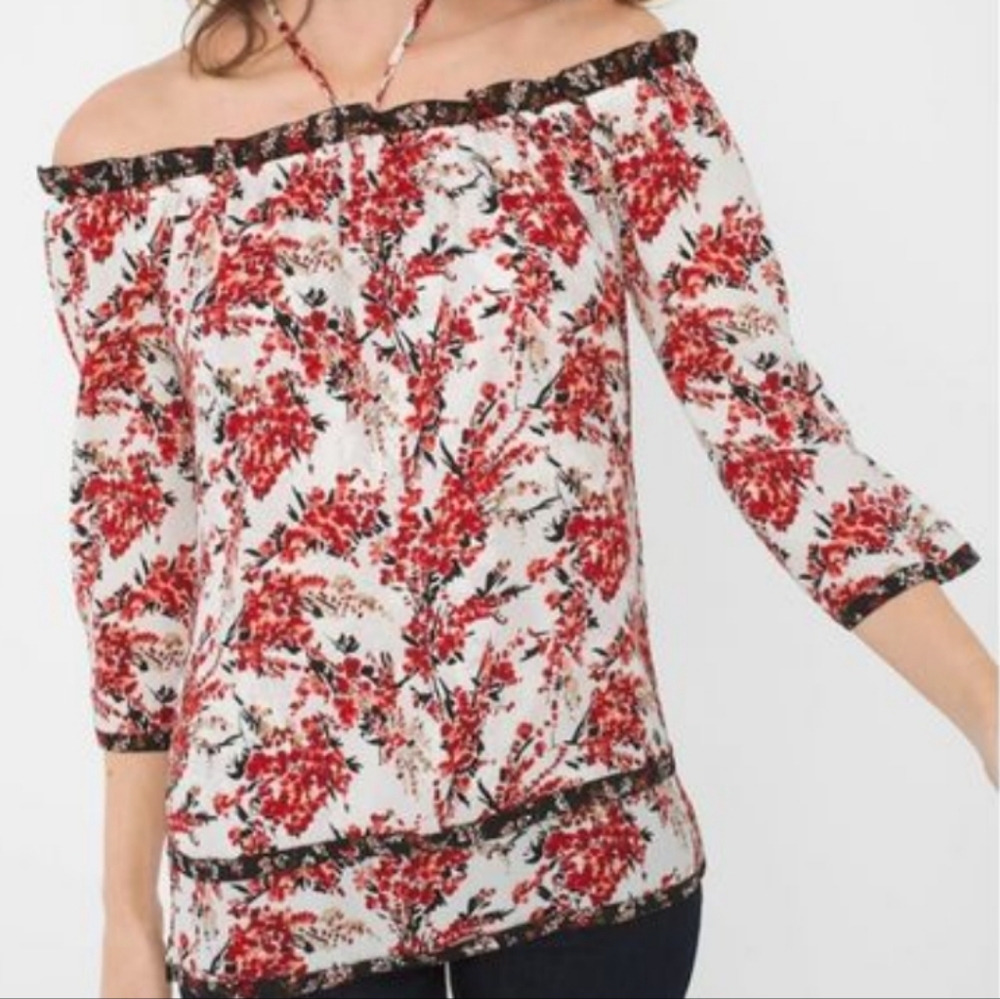 White House Black Market Red White cottage Tiered‎ Office Floral boho Blouse S
